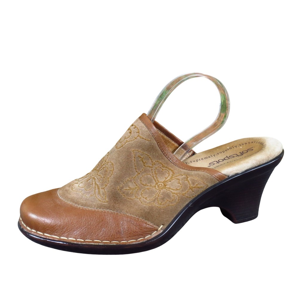 Softspots 723106 Women Mules Size 6.5 M Comfort Dress Brown Suede Leather Floral